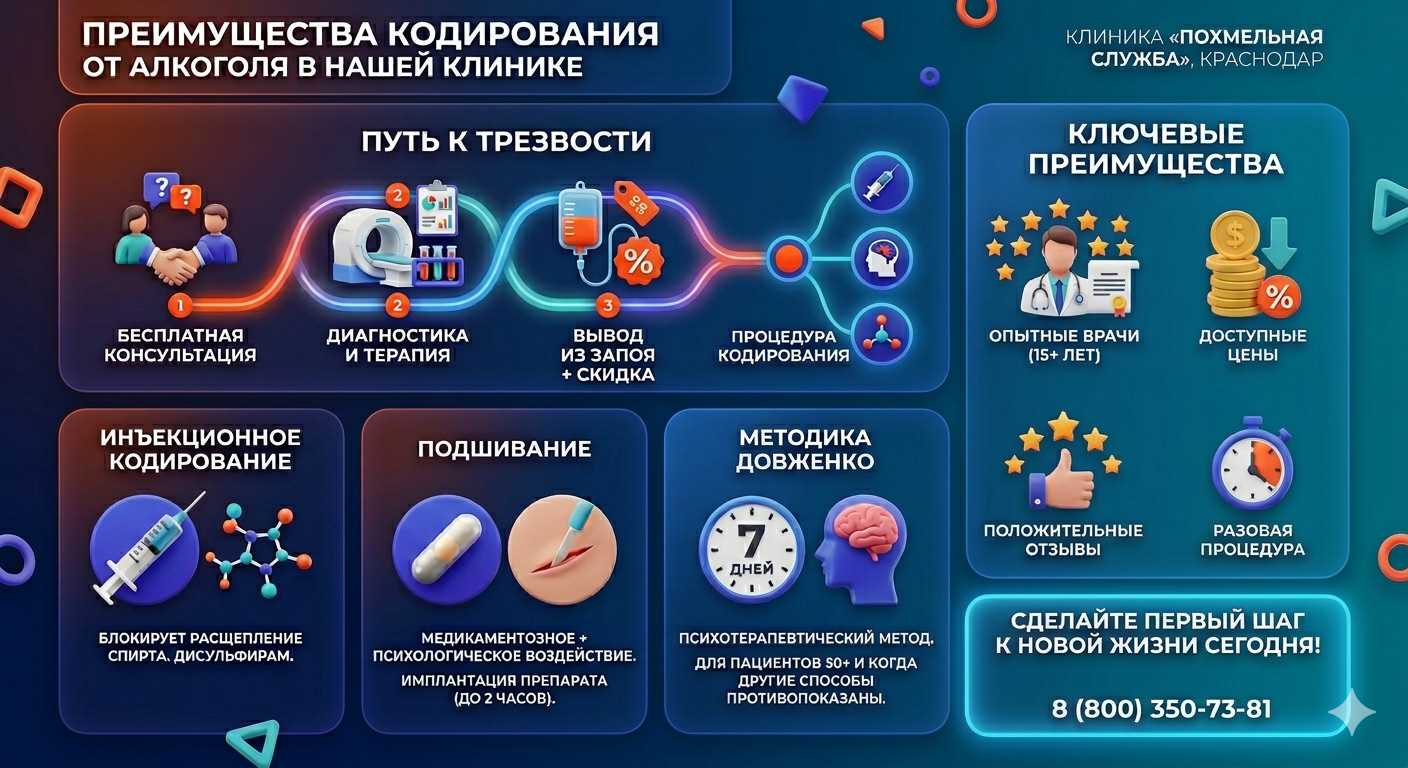 Инфографика о методах кодирования от алкоголя в Марьяновке: инъекции, подшивание, метод Довженко. Преимущества клиники и этапы лечения.