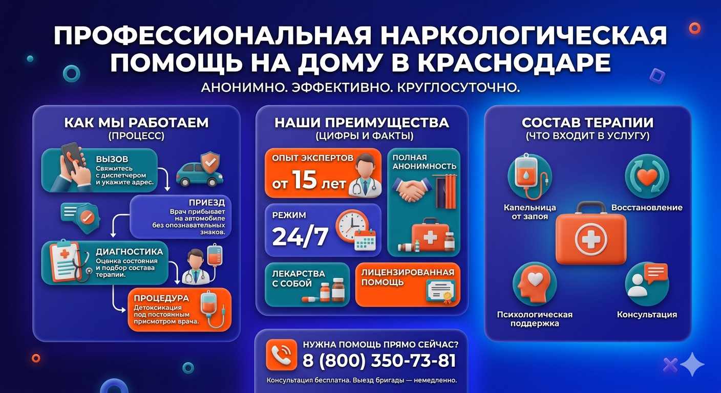 Инфографика о принципах лечения алкоголизма на дому в Марьяновке: этапы вызова нарколога, преимущества анонимной детоксикации и состав медицинской помощи.